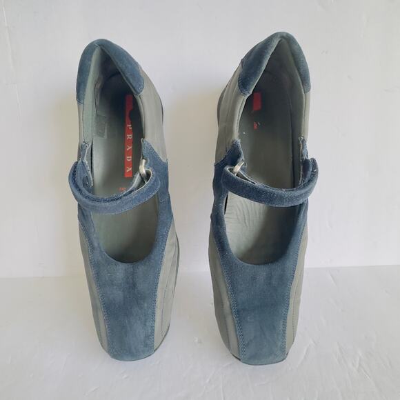 Vintage Prada Blue Suede Mary Jane Trainers Y2K Square Toe Ballerina Flats 8.5 - Picture 6 of 10